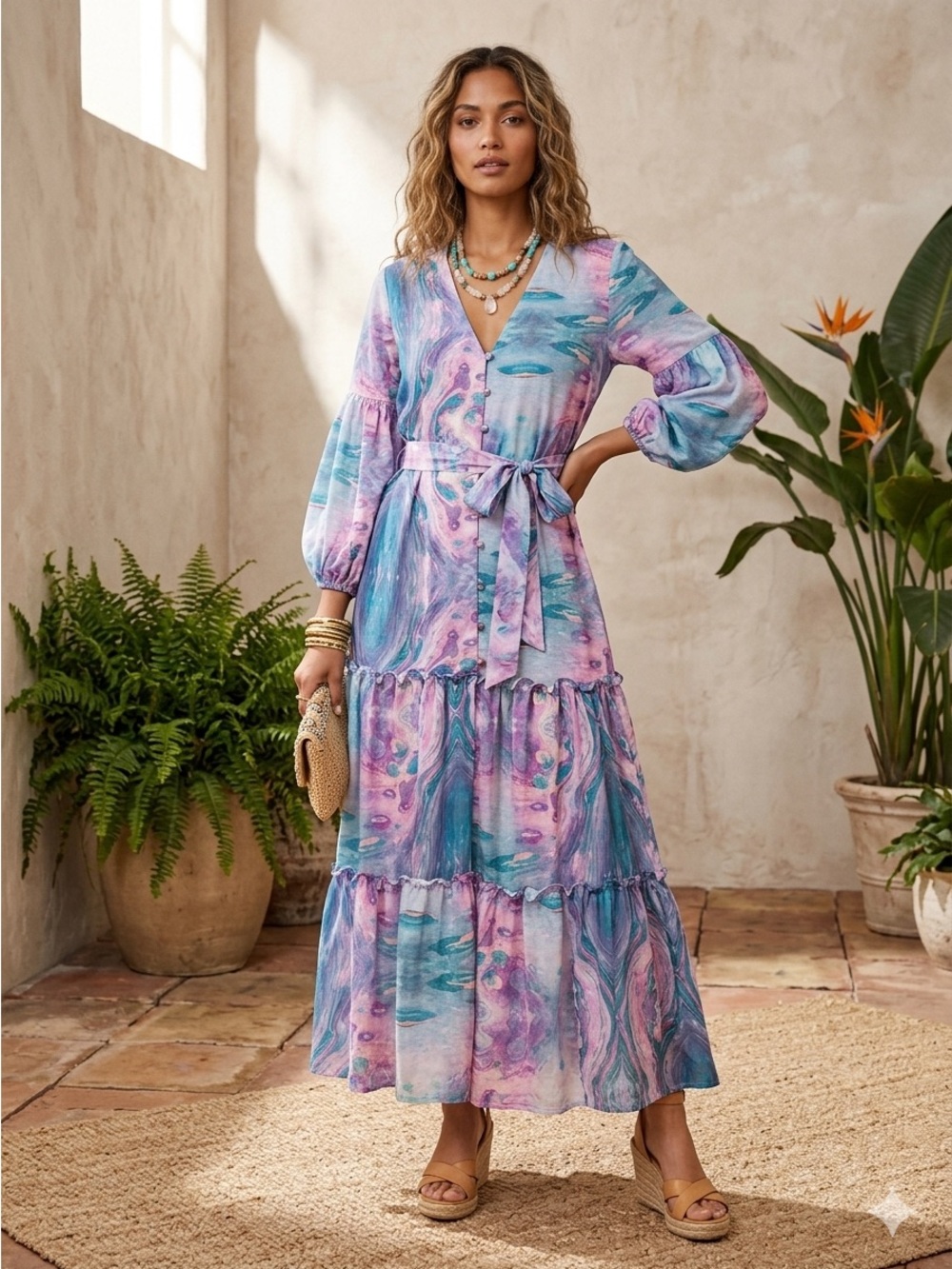 Bloom Marble-Print Tiered Maxi Dress in Teal & Pink